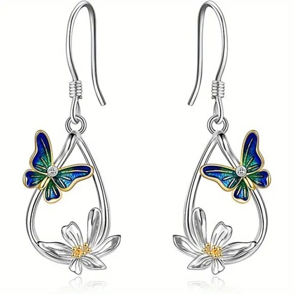 Unbranded Jewelry - New - Teardrop Shape Butterfly and Flower Hook Dangle Earrings
